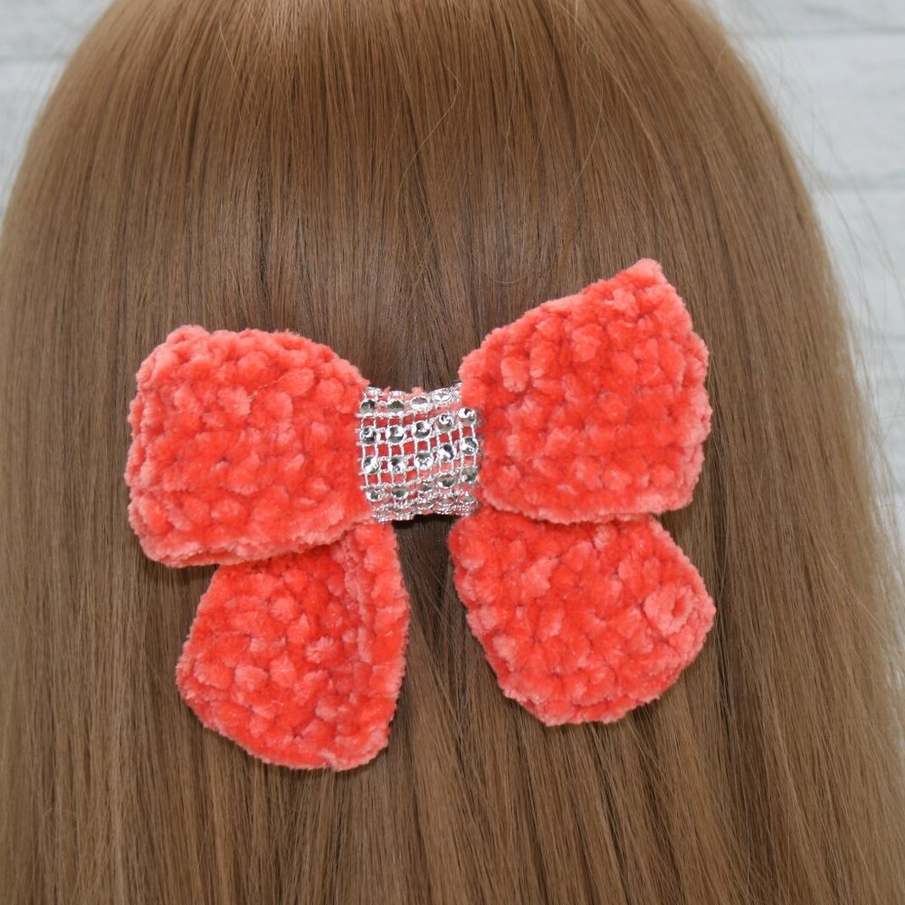 HAND CRAFTED Crochet Bow Chenille Velvet Hair Barrette Oversized Bling Orange
